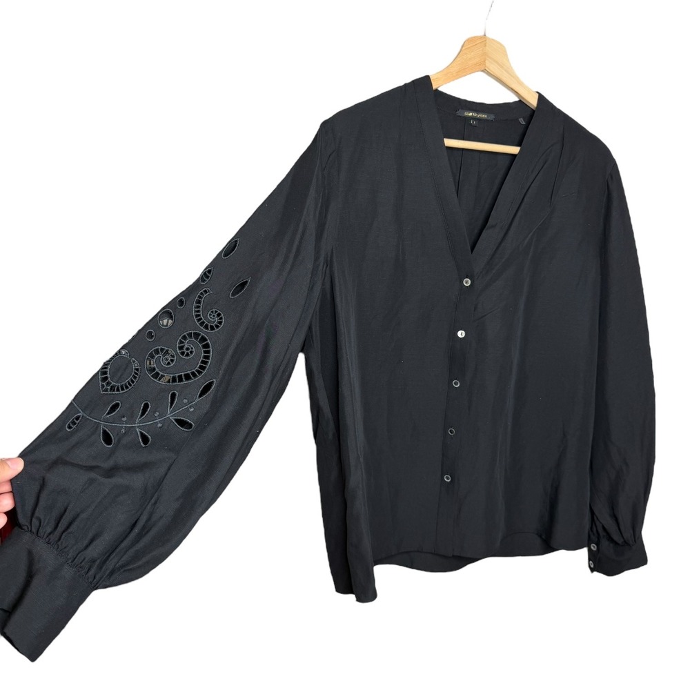 Kobi Halperin Cottagecore Chrissy Tencel Linen Eyelet Balloon Sleeve Blouse
